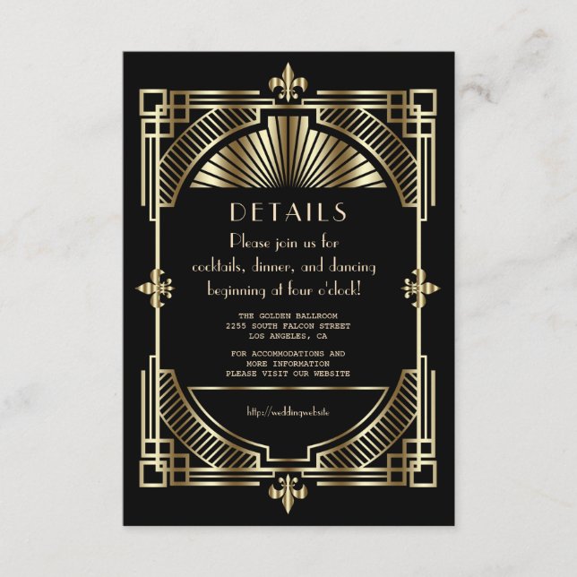 Luxury Gold Black Great Gatsby Wedding Reception Enclosure Card (Front)