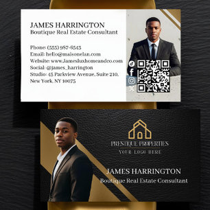 Luxury Gold Black Leather Real Estate Agent Photo Business Card