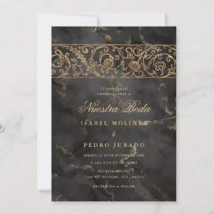 Luxury Gold Black Marble Nuestra Boda Wedding Invitation