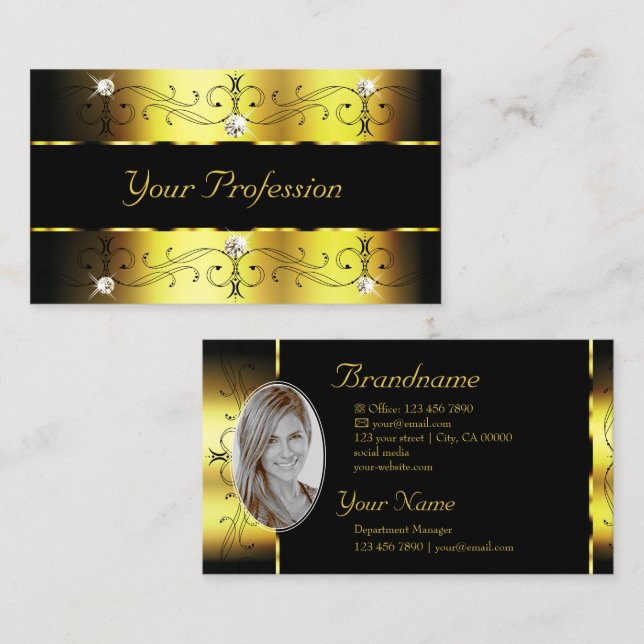 Luxury Gold Black Ornate Borders Jewels with Photo Business Card (Front/Back)