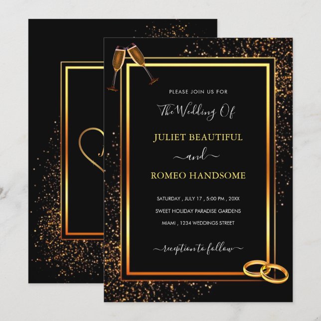 Luxury Gold & Black Wedding Invitation with Rings (Front/Back)