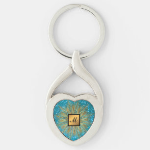 Luxury Gold Blue Glitter Monogrammed Gift Keychain