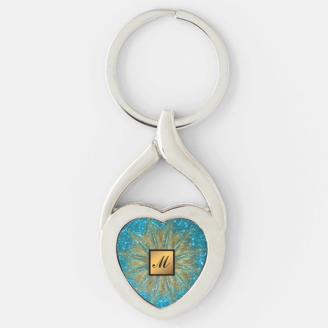 Luxury Gold Blue Glitter Monogrammed Gift Keychain (Front)