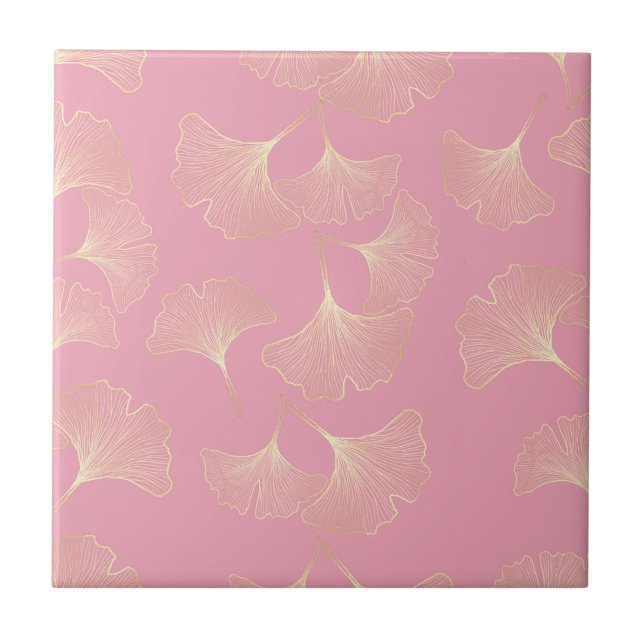 Luxury Gold Botanical Leaves Blush Pink Pattern Tile (Front)
