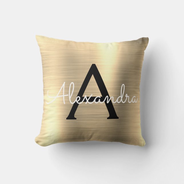 Luxury Gold Brushed Metal Monogram Name Initial Throw Pillow (Front)