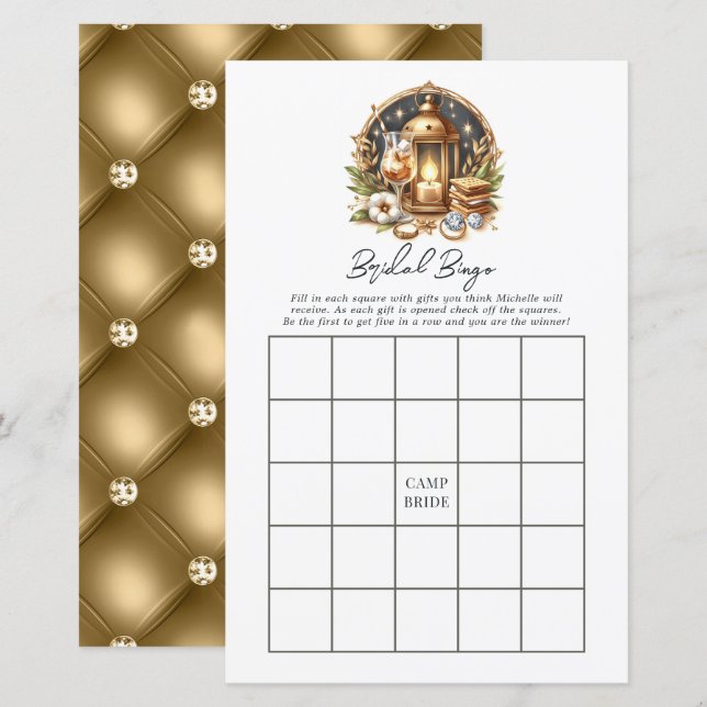 Luxury Gold Camp Bride Bachelorette Bingo Game (Front/Back)