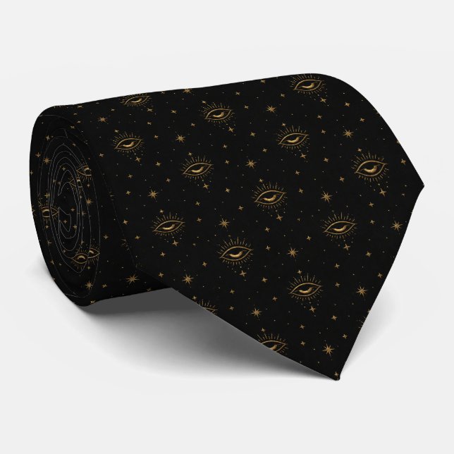 Luxury Gold Celestial Evil Eye Mystical Black Neck Tie (Rolled)