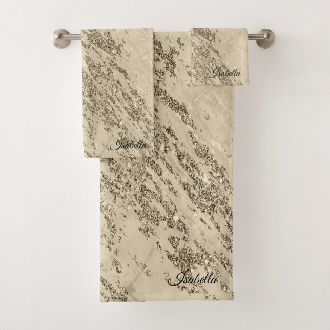 Luxury Gold Champagne Glitter Marble Customize Bath Towel Set (Insitu)
