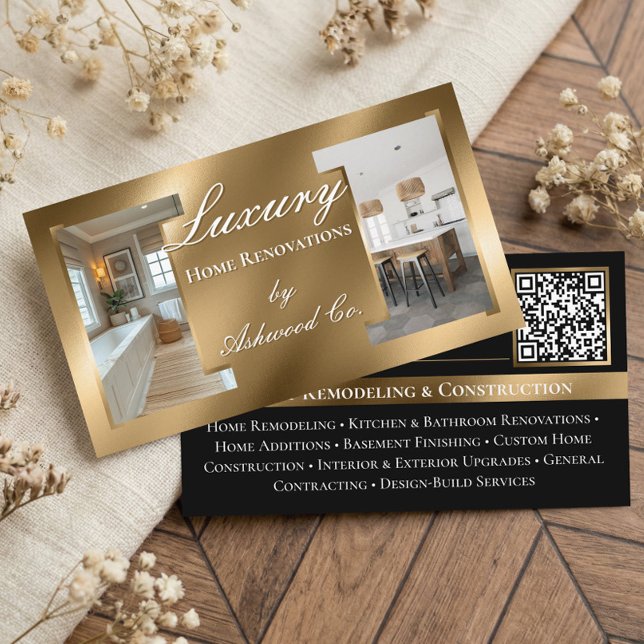 Luxury Gold Contractor Home Builder Photo QR Code Business Card (Luxury Contractor Home Builder Business QR Code Business Card)