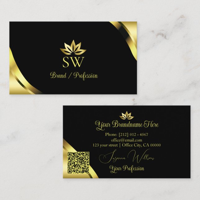 Luxury Gold Corners on Black with Monogram QR Code Business Card (Front/Back)