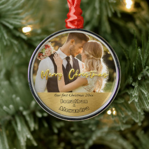 Luxury gold Cute couple photo First Christmas Metal Ornament