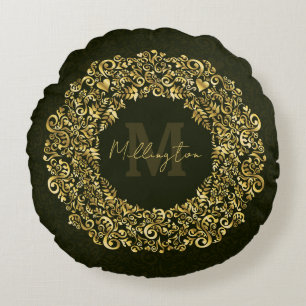 Luxury Gold Damask Monogram Round Pillow
