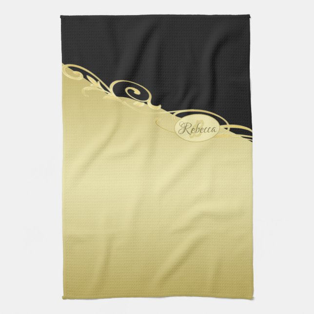 Luxury gold decorative on gold & black, Monogram Kitchen Towel (Vertical)