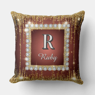 Luxury Gold Diamond Frame Monogram Square Glitter Throw Pillow