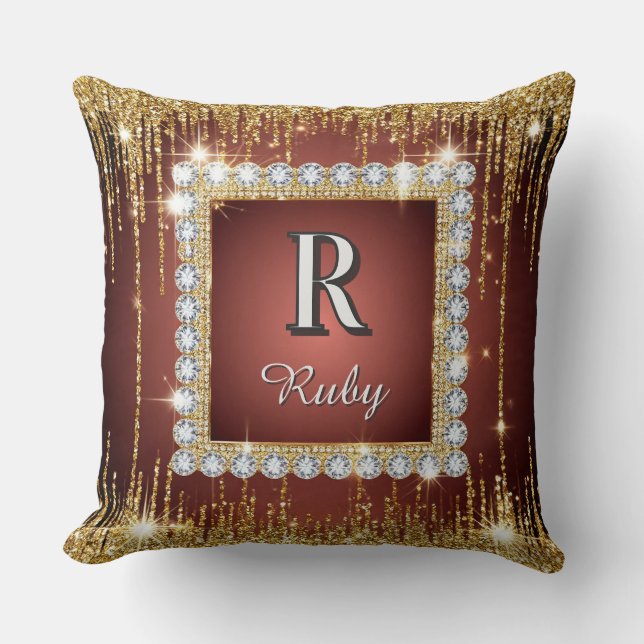 Luxury Gold Diamond Frame Monogram Square Glitter Throw Pillow (Front)