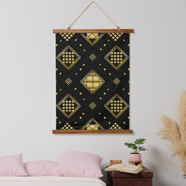 Luxury Gold Diamond Geometric Pattern on Black Hanging Tapestry (Bedroom)
