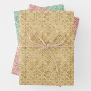 Luxury Gold, Dusty Pink, and Green Damask Pattern Wrapping Paper Sheet