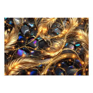 Luxury Gold Feathers and Gemstone Sparkle Pattern Photo Print