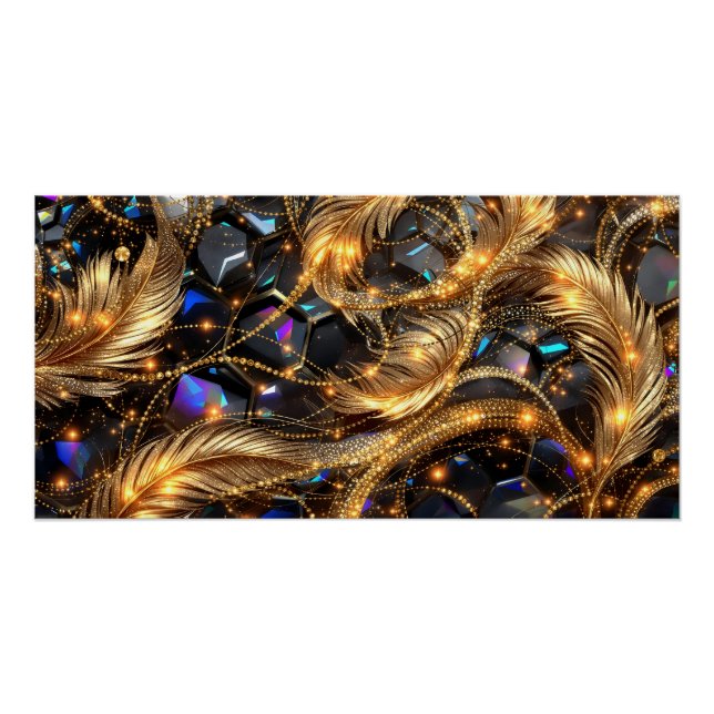 Luxury Gold Feathers and Gemstone Sparkle Pattern Poster (Front)