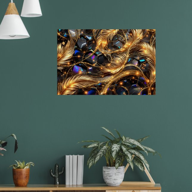Luxury Gold Feathers and Gemstone Sparkle Pattern Poster (Living Room 1)