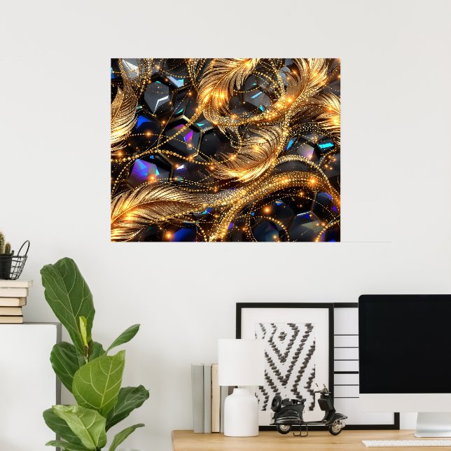 Luxury Gold Feathers and Gemstone Sparkle Pattern Poster (Home Office)