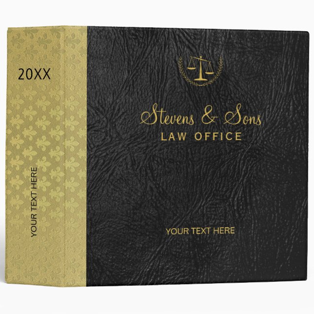 Luxury gold fleur de lis black leather lawyer binder (Front/Spine)