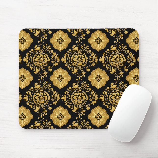 Luxury Gold Floral Damask Pattern On Black Mouse Pad (With Mouse)
