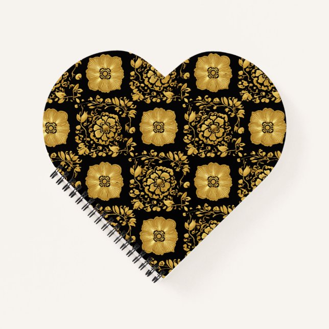 Luxury Gold Floral Damask Pattern On Black Notebook (Front)