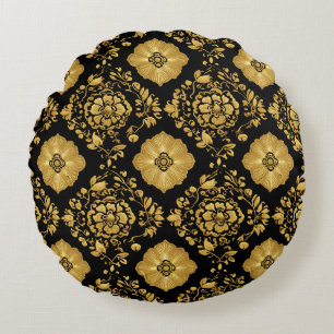 Luxury Gold Floral Damask Pattern On Black Round Pillow