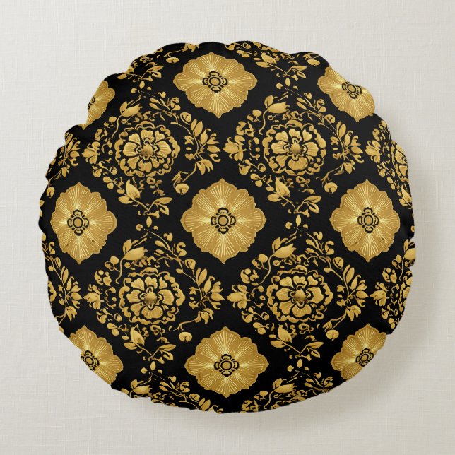 Luxury Gold Floral Damask Pattern On Black Round Pillow (Front)