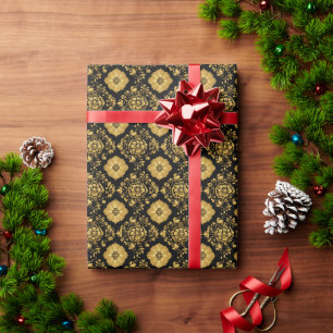 Luxury Gold Floral Damask Pattern On Black Wrapping Paper