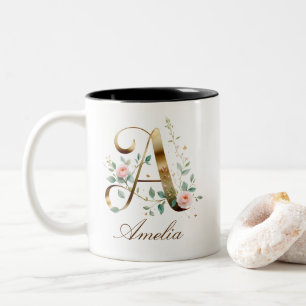 Luxury Gold Floral Initial A Two-Tone Coffee Mug