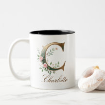 Luxury Gold Floral Initial C Two-Tone Coffee Mug