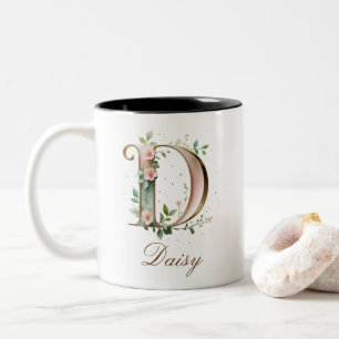 Luxury Gold Floral Initial D Two-Tone Coffee Mug
