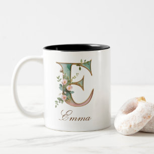 Luxury Gold Floral Initial E Two-Tone Coffee Mug