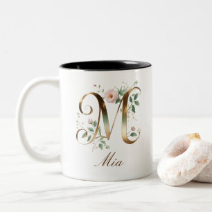 Luxury Gold Floral Initial M Two-Tone Coffee Mug