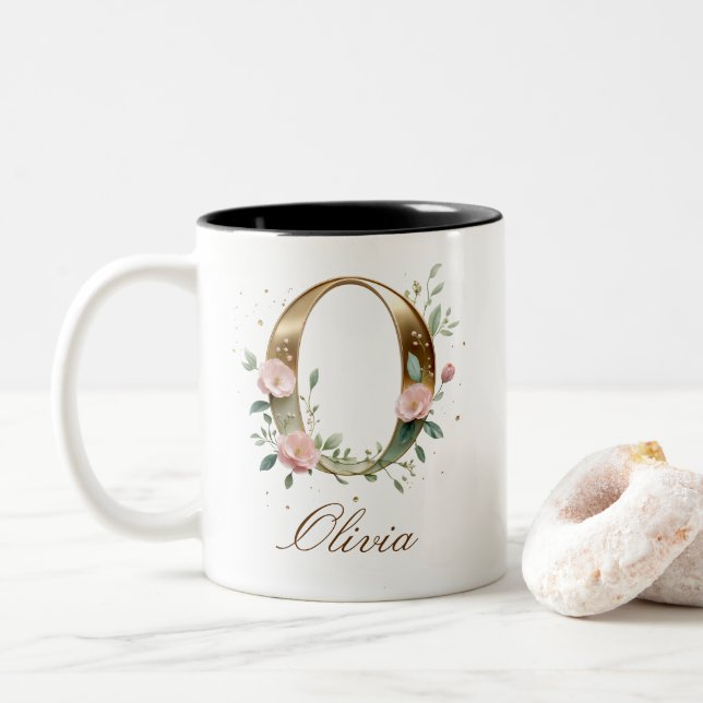 Luxury Gold Floral Initial O Two-Tone Coffee Mug (With Donut)