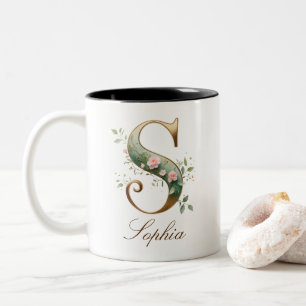 Luxury Gold Floral Initial S Two-Tone Coffee Mug