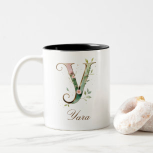 Luxury Gold Floral Initial Y Two-Tone Coffee Mug