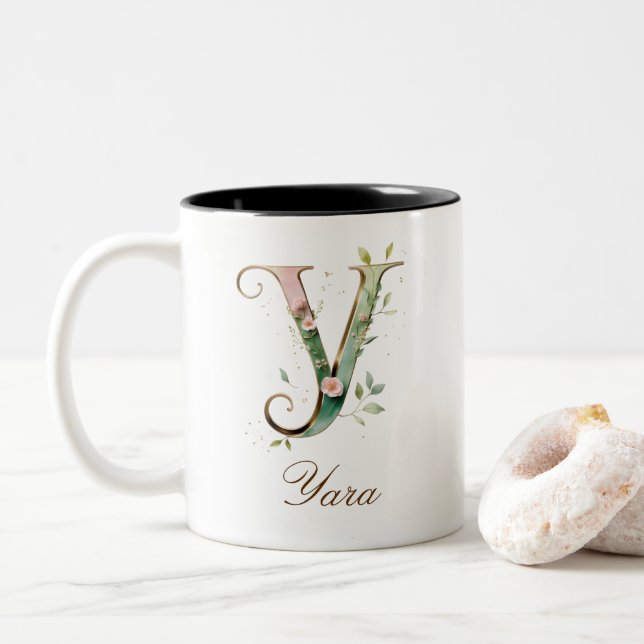 Luxury Gold Floral Initial Y Two-Tone Coffee Mug (With Donut)