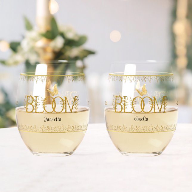 Luxury Gold Floral Keepsake Drinkware Set of 2 Stemless Wine Glass (Insitu (Wedding))