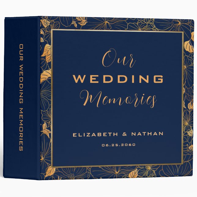 Luxury Gold Floral Navy Blue Wedding Quote Binder (Front/Spine)
