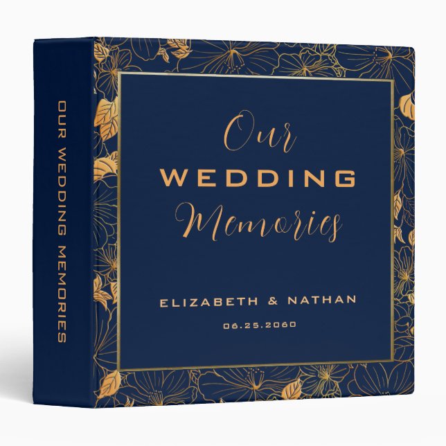 Luxury Gold Floral Navy Blue Wedding Quote Binder (Front/Spine)