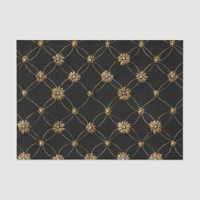 Luxury Gold Floral Pattern on a Black Background Tissue Paper (Front)