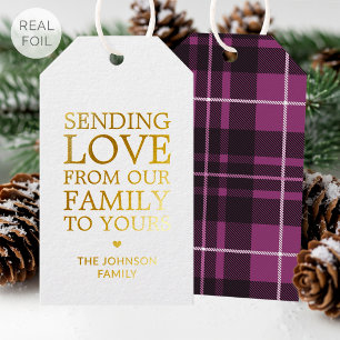Luxury Gold Foil Christmas Plaid Family Name Pink Gift Tags