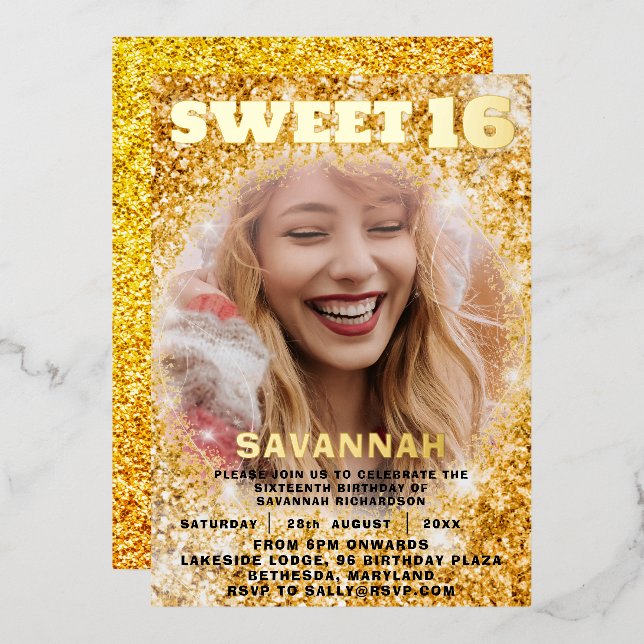 Luxury Gold Foil & Glitter Photo Sweet 16 Party (Front/Back)