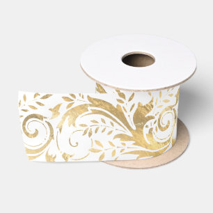 Luxury Gold Foil Ornate Floral Pattern Satin Ribbon