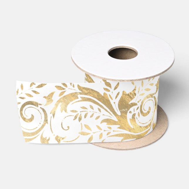Luxury Gold Foil Ornate Floral Pattern Satin Ribbon (Spool)