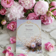 Luxury Gold Frame Beach Floral Pastel Sun Wedding