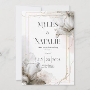 Luxury Gold Frame Grey Floral Ethereal Wedding Invitation
